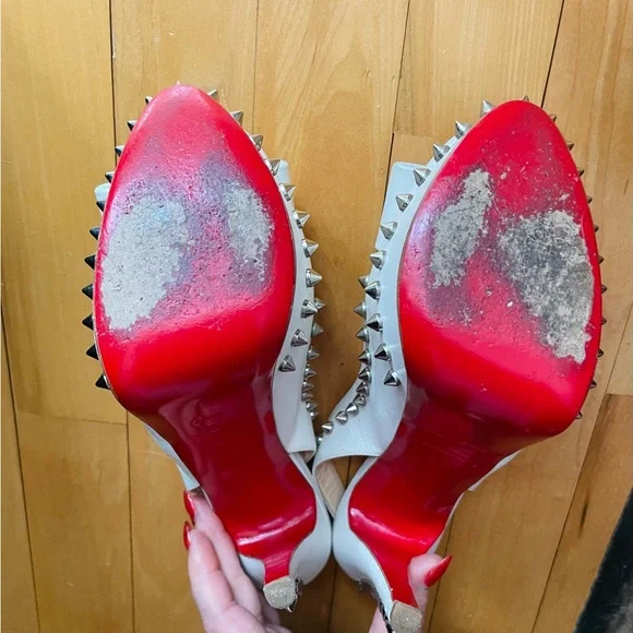 Authentic Christian Louboutin Lady Clou 150 White Studded Peep-Toe Heels